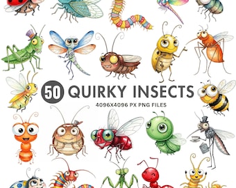 Watercolor Insects Clipart: Whimsical Bugs PNG (Digital Download, 50 Files)