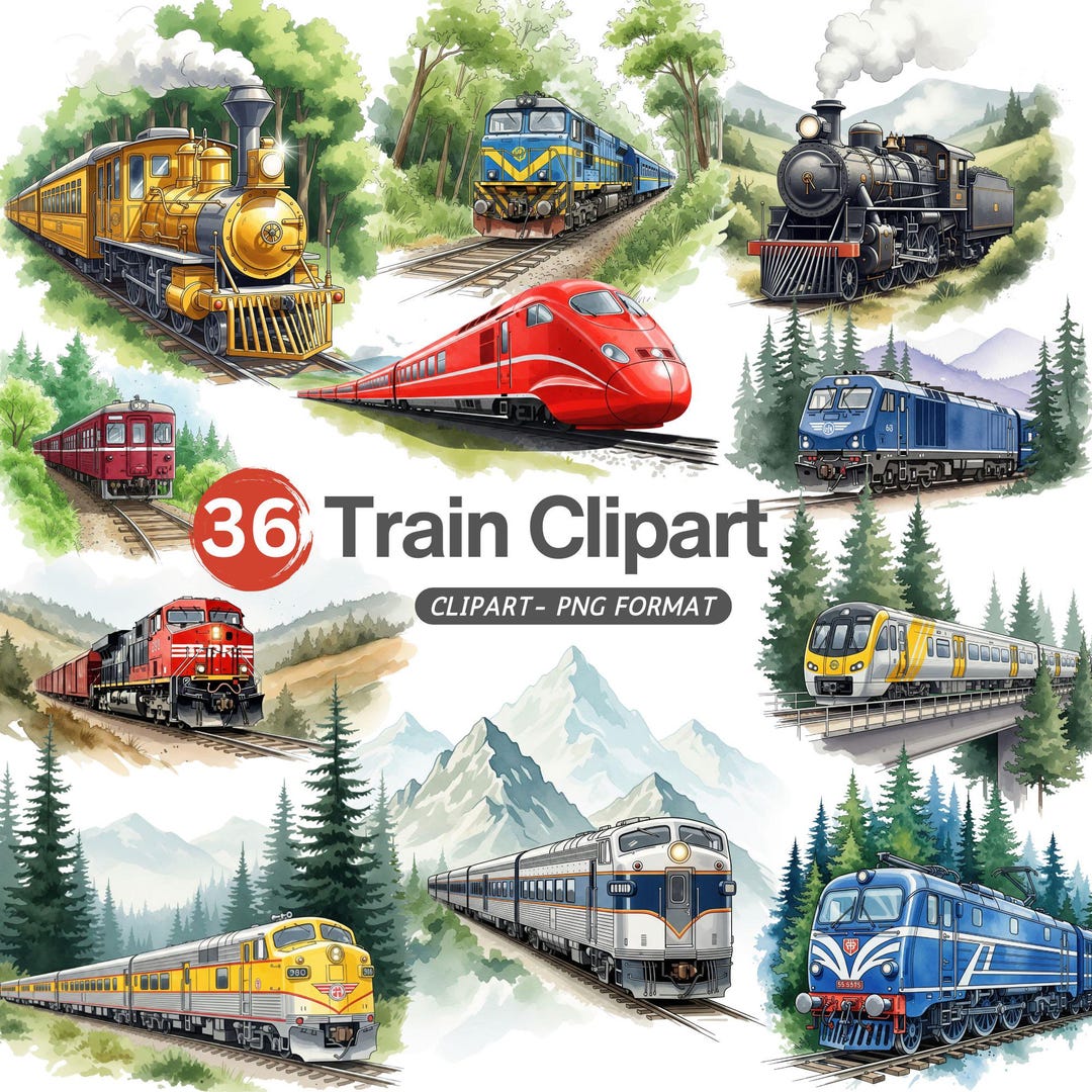Watercolor Train Clipart: Vintage Steam Engine Graphics (digital ...