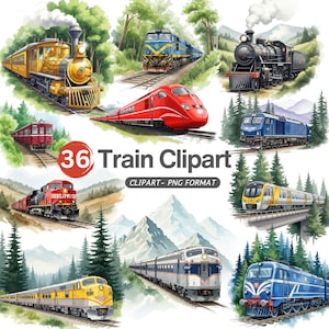 Vintage Aquarell Zug Clipart, alte Dampflokomotive PNG, antike Eisenbahn Kunst, klassische Zug Sublimation, digitaler Download, kommerzielle Nutzung
