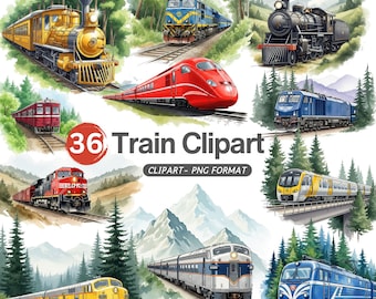 Watercolor Train Clipart: Vintage Steam Engine Graphics (Digital Download, Commercial Use)