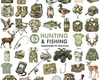 Hunting And Fishing Clipart, Watercolor Duck Deer Hunter Clipart Bundle, Little Hunter Baby Shower, Rustic Nursery Decor Commercial Use PNG