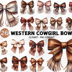 May include: A set of 26 western cowgirl bow clipart images in PNG format. The bows are in various colours and styles, including brown, white, pink, and red. Some bows have fringe, while others have a more simple design. The bows are perfect for adding a touch of western flair to any project.