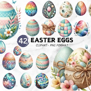 Huevos de Pascua en acuarela, clipart PNG, lindo conejo de Pascua pintado, ilustración de huevo floral, estética preppy coqueta, descarga digital instantánea