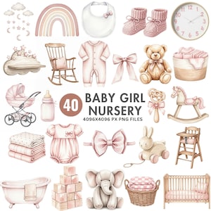 Pink Boho Baby Girl Clipart: Watercolor Nursery PNG Bundle (Commercial Use