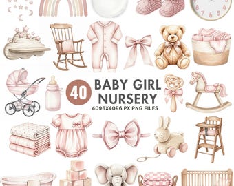 Watercolor Baby Girl Clipart, Boho Pink Nursery PNG, Cute Newborn Baby Png, Baby Shower Clipart, Girl Toys, Soft Watercolor Baby Art PNG