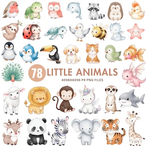 Könnte beinhalten: Eine Sammlung von 78 Aquarellillustrationen kleiner Tiere, darunter ein Rotkehlchen, eine Schildkröte, eine Eule, ein Delfin, ein Waschbär, ein Igel, ein Küken, ein Faultier, ein Marienkäfer, ein Pinguin, ein Tukan, ein Welpe, eine Katze und mehr. Der Text "78 LITTLE ANIMALS" ist vorhanden.