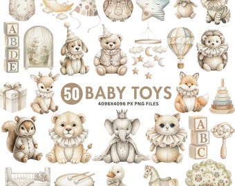 Neutral Baby Toy Clipart, Boho Nursery PNG, Watercolor Teddy Bear Png, Neutral Baby Shower Clipart, Plush Toys PNG, Digital Download