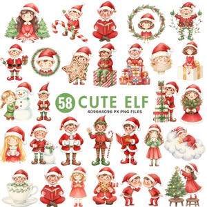 Puede incluir: Una colección de 58 ilustraciones de acuarela de elfos lindos en varias poses. Los elfos están representados con trajes rojos y verdes, algunos sosteniendo regalos, libros o bastones de caramelo. El texto "58 CUTE ELF" se muestra en verde.