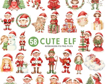 Christmas Elf Clipart, Cute Watercolor Elves PNG, Whimsical Holiday Clipart, Santa’s Little Helper, Festive Xmas Elves, Christmas Clipart