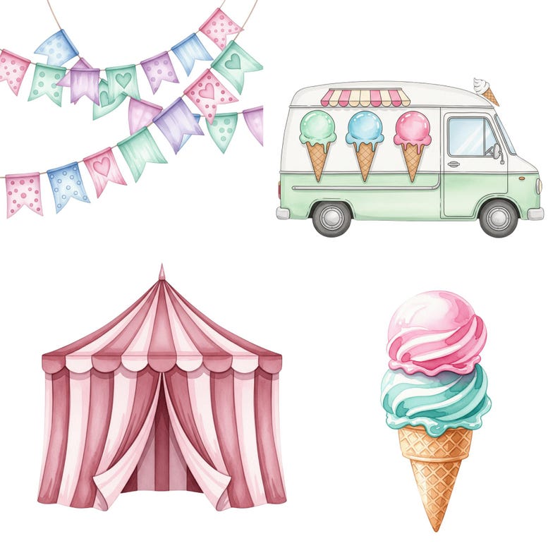 Colorful Watercolor Clipart of Ice Cream Cones, Trucks, and Sundaes, Designed for Digital Downloads and Clipart Collections