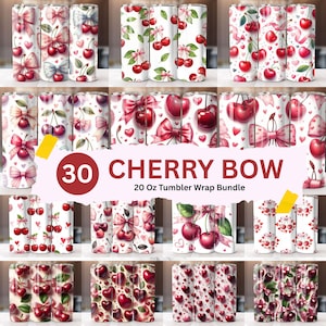 Cherry Bow Tumbler Wrap Bundle, Cherry Tumbler PNG, 20oz Skinny Sublimation Design, Coquette Tumbler, Romantic Hearts, Digital Download