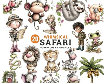 Whimsical Safari Clipart, Watercolor Jungle Animals PNG, Cute Zoo Animals, Baby Animal, Elephant Lion Giraffe Clipart, Commercial Use PNG