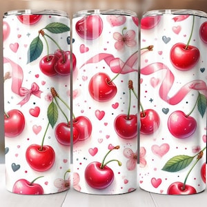 Cherry Bow Tumbler Wrap: Coquette Watercolor Hearts, 20oz Skinny Tumbler (PNG Digital Download)