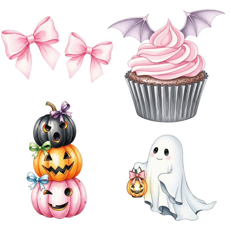Adorable spooky cute Halloween clipart set with pastel ghosts, pink pumpkins, bats, and witch hats in hand-painted watercolor style