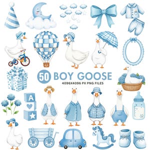 Könnte beinhalten: Eine Sammlung von Aquarellillustrationen zum Thema "Boy Goose". Die Bilder zeigen einen Heißluftballon, Gänse in Outfits, Babykleidung, ein Schaukelpferd und andere Babyartikel in Blau- und Weißtönen.