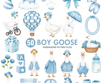Akvarell pojke gås clipart, blå fånig gås PNG, baby shower clipart, fånig gås födelsedag PNG, Cottagecore barnrum illustration