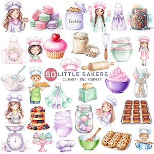 Cute Bakery Clipart, Baking Clipart Bundle, Pastel Baking PNG, Kitchen Clipart, Baker Girl, Cupcake Mixer, Dessert Clipart, Commercial Use