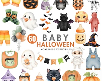 Halloween-Baby-Dusche Clipart, Baby-Halloween-PNG, süße Geist und schwarze Katze Clipart, Kürbis-Baby-Dusche einladen, gruselige Baby Clipart-Set