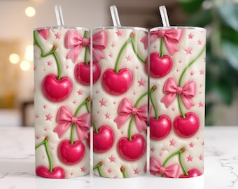 Coquette Cherry Tumbler Wrap, Pink Bow Tumbler PNG, 3D Puffy Cherry Wrap, Cute Girly Aesthetic Tumbler, Soft Girl Valentine Sublimation PNG