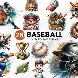 Watercolor Baseball Clipart Bundle: Sport PNG Graphics (Digital Print)