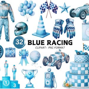 Blue Racing Clipart Bundle Watercolor Race Car Clipart for Boys Vintage Racing Car Illustrations Baby Boy Birthday Nursery Digital Art