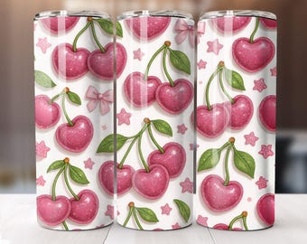 Coquette Cherry Tumbler Wrap: 3D Puffy Hearts, Pink Bow (PNG Digital Download)