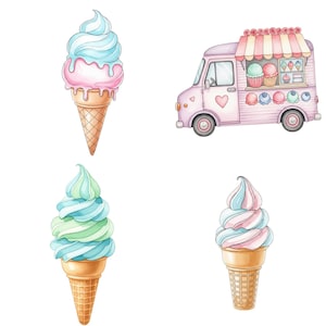 Whimsical Summer Dessert Clipart with Ice Cream Vans, Scoops, and Treats in Watercolor Style for DIY Printables