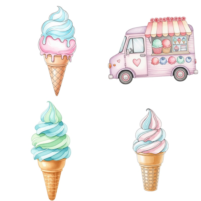Whimsical Summer Dessert Clipart with Ice Cream Vans, Scoops, and Treats in Watercolor Style for DIY Printables