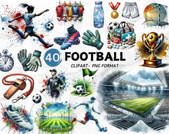 Watercolor Football Clipart, Watercolor Soccer PNG, Sports Clipart, Soccer Ball PNG, Soccer Shoes, Football Sublimation, Digital Download