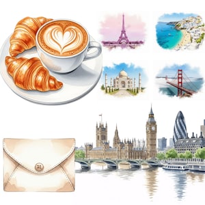 High-quality watercolor vacation PNGs for planner stickers, featuring female traveler characters, suitcases, and world travel graphics.
