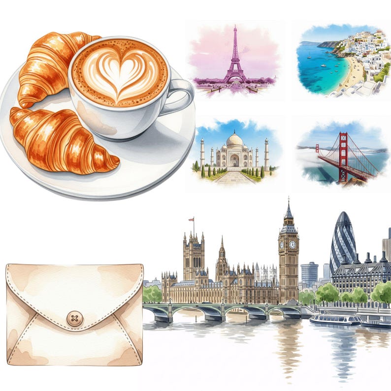 High-quality watercolor vacation PNGs for planner stickers, featuring female traveler characters, suitcases, and world travel graphics.