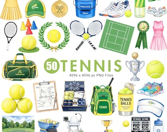 Watercolor Tennis Clipart, Sports Clipart, Tennis PNG Bundle, Tennis Ball Clipart, Tennis Racket PNG, Tennis Illustration, Commercial Use