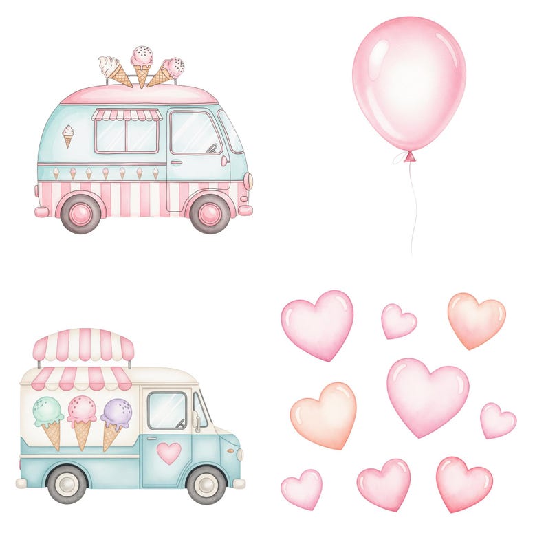 Hand-Painted Ice Cream Truck Clipart in Soft Pastel Tones for Commercial Use, Digital Crafts, and Kids-Themed Art Projects