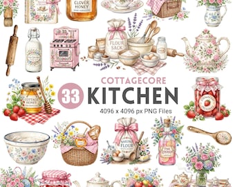 Cottagecore Kitchen Clipart, Floral Kitchen Utensils, Kitchen PNG, Vintage Farmhouse Cooking, Rustic Baking Illustration, Commercial Use