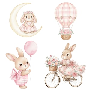 May include: Watercolor illustrations of bunnies with floral accents. One bunny sits on a crescent moon, another holds a balloon, and a third rides a bicycle with a basket of flowers. A pink and white hot air balloon is also featured.