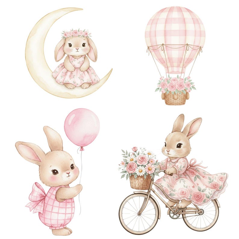 May include: Watercolor illustrations of bunnies with floral accents. One bunny sits on a crescent moon, another holds a balloon, and a third rides a bicycle with a basket of flowers. A pink and white hot air balloon is also featured.