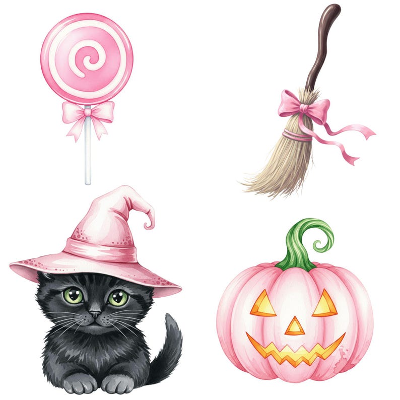 Whimsical cute Halloween ghost clipart bundle in pastel colors with pumpkins, candy, and bats for party invitations and digital downloads
