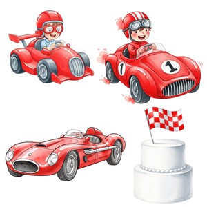 Cute watercolor clipart of red racing car with little boy driver, ideal for kids clipart bundles, sublimation, or DIY crafts
