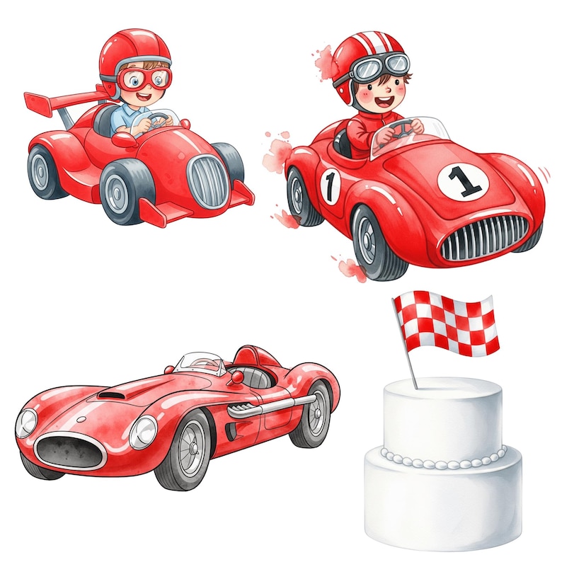 Cute watercolor clipart of red racing car with little boy driver, ideal for kids clipart bundles, sublimation, or DIY crafts