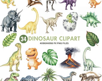 Watercolor Dinosaur Clipart, Dinosaur World PNG , Jurassic Wall Art, Prehistoric Animal Illustration, T-Rex Triceratops PNG, Commercial Use