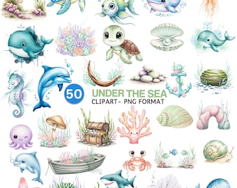 Watercolor Sea Animals Clipart: Under the Sea Nursery Art (PNG Files, Commercial Use