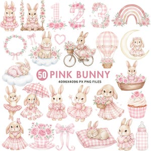 May include: A collection of 50 pink bunny illustrations in various poses and settings. The images include bunnies in dresses, on swings, and with accessories like flowers and umbrellas. The text "50 PINK BUNNY" is displayed in the center.