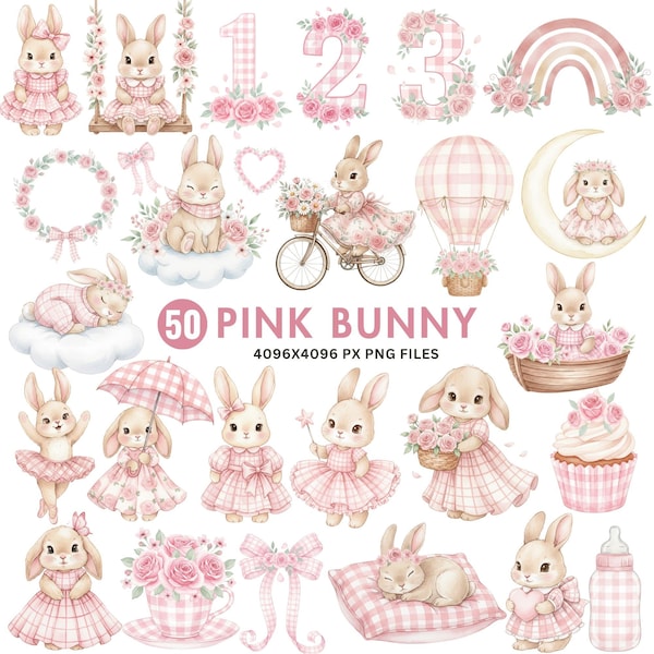 Pink Bunny Clipart, Baby Bunny PNG, Watercolor Bunny, Cute Bunny Clipart, Boho Bunny, Bunny Sublimation, Easter Bunny, Commercial Use Png