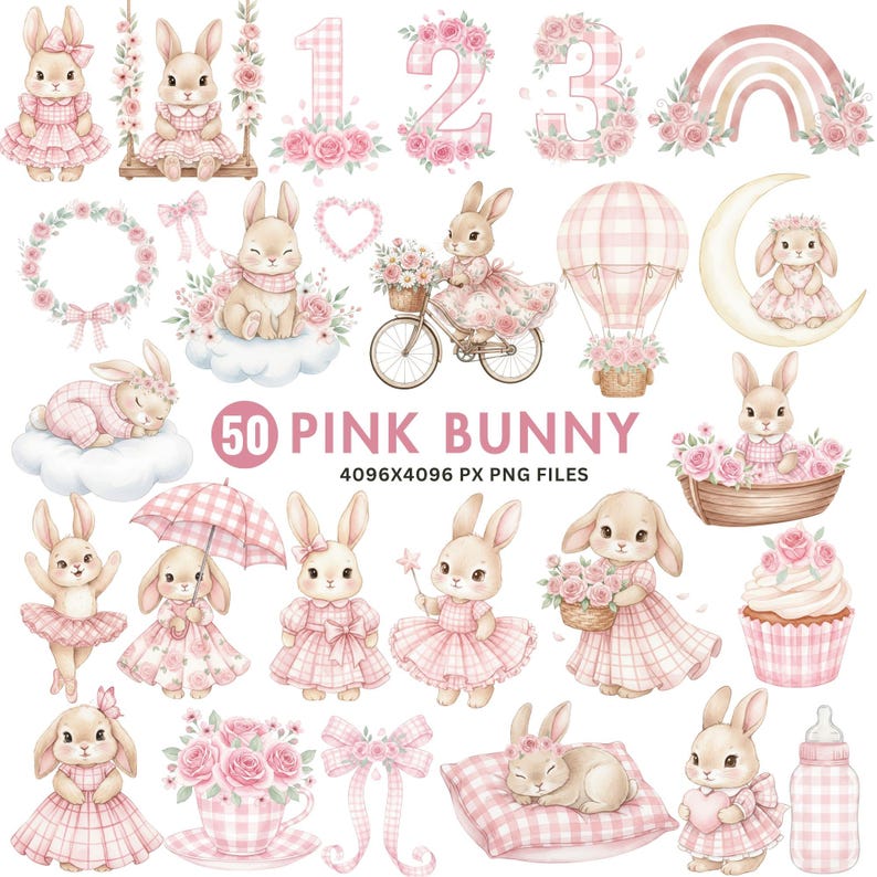 Pink watercolor bunny clipart with soft pastel tones, perfect for baby shower invitations, nursery decor, and digital scrapbooking.