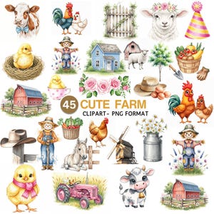 Cute Farm Clipart, Watercolor Baby Farm Animals PNG, Cottage Barn Life Clip Art, Cow, Sheep, Pony, Duck, Nursery Wall Art, Commercial Use