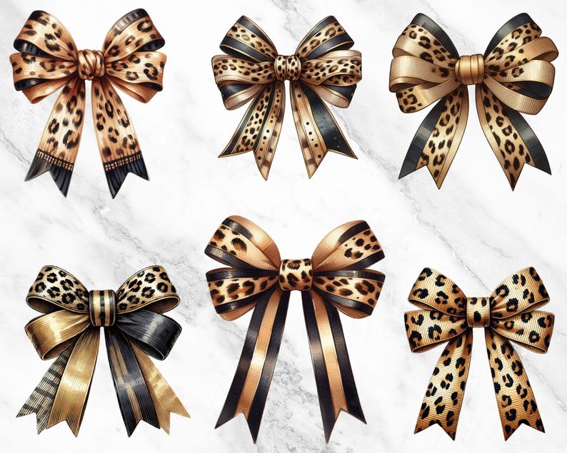 Soft Girl Aesthetic Bow Clipart, Leopard Cheetah Print Ribbons, Trendy Coquette Clipart for Digital Design and Crafts"