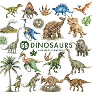 Puede incluir: Ilustración de 55 dinosaurios en varios colores y poses. La imagen incluye un volcán, una palmera y el texto "55 DINOSAURS". La imagen está etiquetada como 4096x4096 PX PNG FILES.
