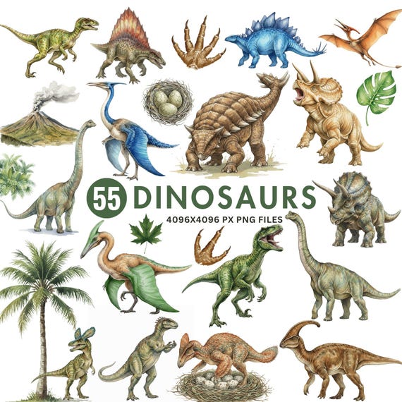 Realistic Dinosaur Clipart, Watercolor Jurassic Dino PNG, T-Rex Clipart, Dinosaur Baby Shower, Nursery Decor, Dinosaur Sublimation Art