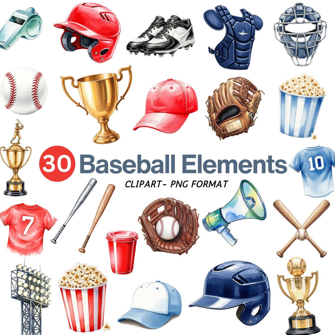 Baseball Clipart Bundle, Watercolor Sports PNG, Game Day Clip Art, Bat ...