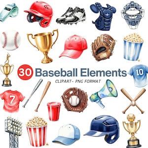 Op de afbeelding: Waterverfillustratie van 30 honkbal-elementen, waaronder een rode helm, een honkbal, een trofee, een handschoen en schoenplaatjes. De afbeelding bevat de tekst "30 Baseball Elements" en "Clipart - PNG Format".